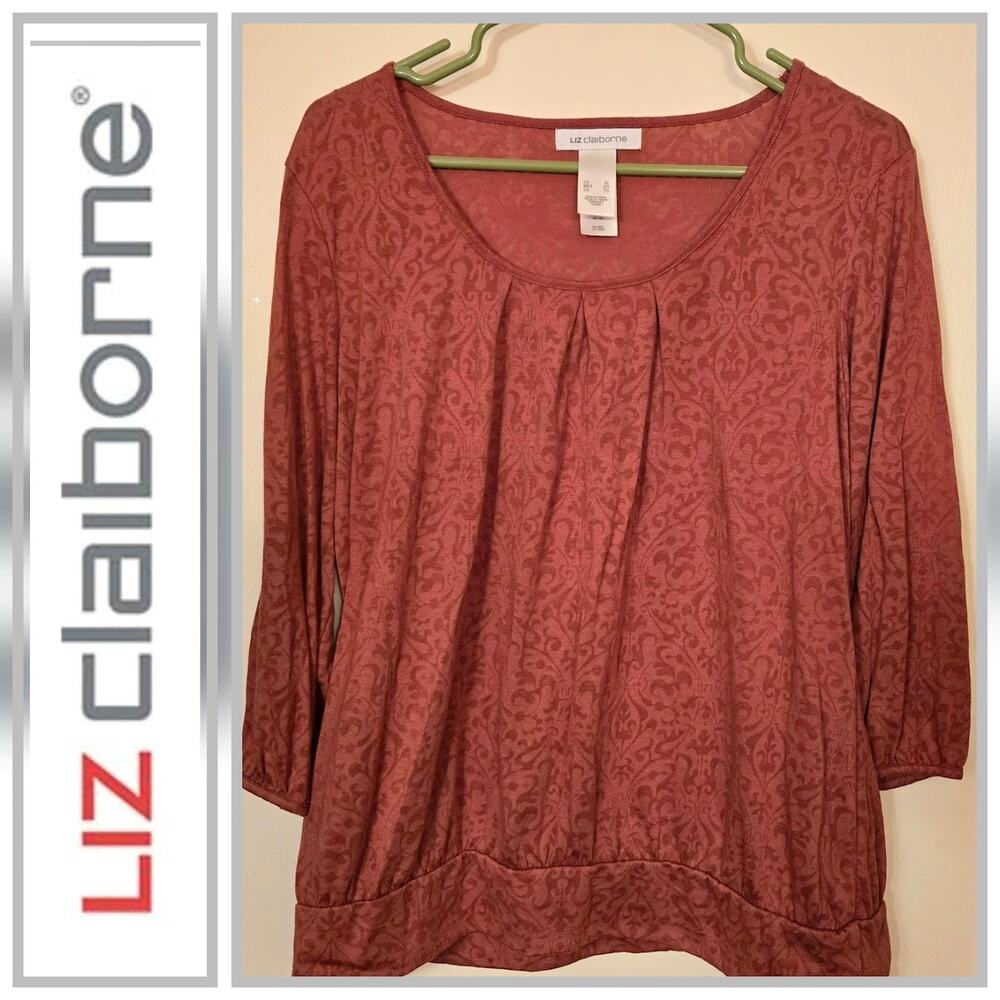 LIZ CLAIBORNE Rust Brick Red Paisley Peasant 3/4 Sleeve Top Blouse Women's Sz XL